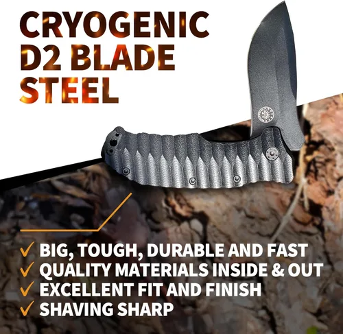 Miniatura 2 de Off-Grid Knives - Apagón de fuego rápido - Cuchillo plegable grande para acampar y EDC, acero de hoja criogénico D2, revestimiento de nitruro