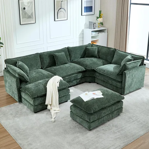 Miniatura 20 de Sofá modular Cloud seccional, moderno sofá modular en forma de L de felpilla con otomana y almohadas, sofás esquineros de asiento profundo de 5 Negro