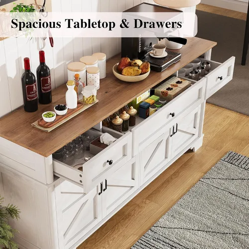 Miniatura 3 de BestHaped Armario de buffet de granja de 65 pulgadas con almacenamiento, aparador blanco con estantes ajustables y 3 cajones, mesa de buffet