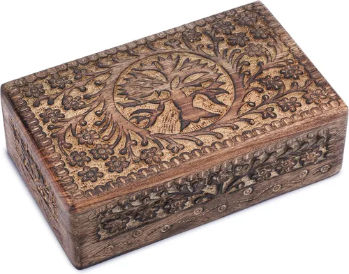 Miniatura 7 de Ajuny Caja de joyería de madera con tallas del árbol de la vida, estuche de viaje para bisutería, caja de almacenamiento hecha a mano, cofre