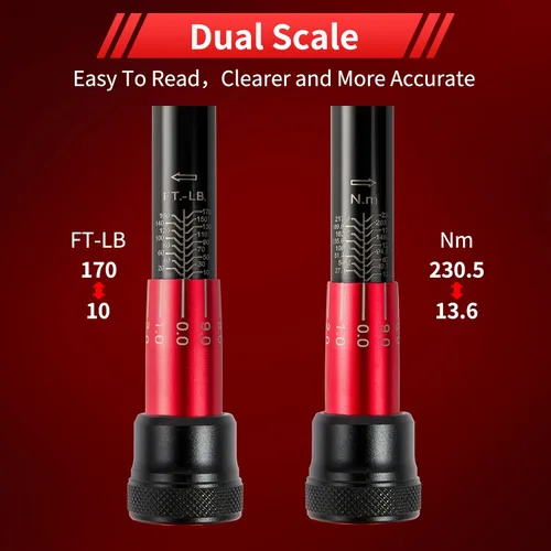 Miniatura 3 de Llave dinamométrica de clic Hairich de 1/2 pulgada, llave dinamométrica de doble dirección 10-170.0 pies.lb/13.60-230.5Nm, llaves dinamométricas