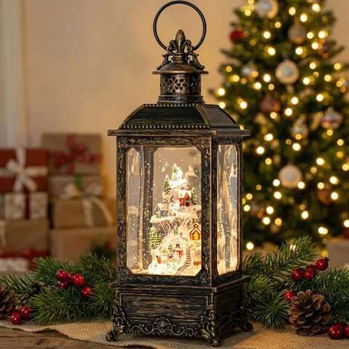 Miniatura 15 de Gnomos de Navidad de 10 pulgadas, linterna de globo de nieve iluminada, caprichoso árbol de Navidad y elfo escandinavo, linterna de agua musical
