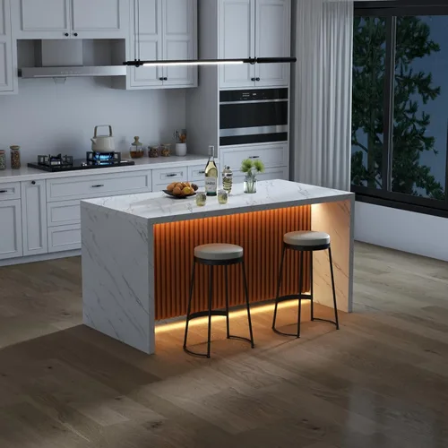 Miniatura 8 de Mesa de comedor grande de mármol de imitación de 63 pulgadas para 4-6 personas, mesa de isla de cocina con luces LED, mesa de comedor de cocina