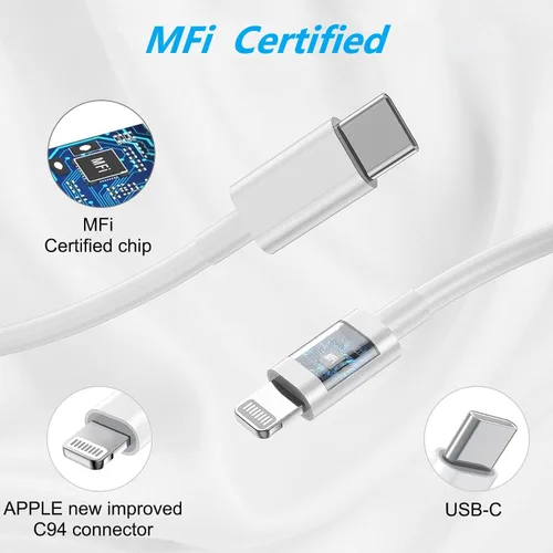 Miniatura 4 de [Certificado MFi de Apple] Cargador USB C Lightning de carga rápida para iPhone 14 13 12 11 con 20 W PD 6 pies de carga rápida USB C a cable