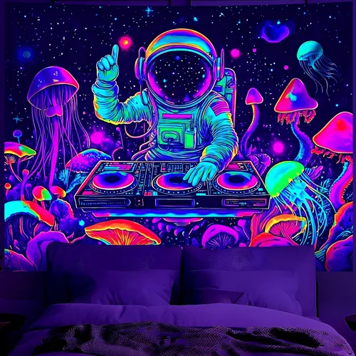Miniatura 34 de BVBOX Tapiz de astronauta espacial con luz negra, reactivo a los rayos UV, galaxia, planeta que brilla en la oscuridad, póster de luz negra, arte