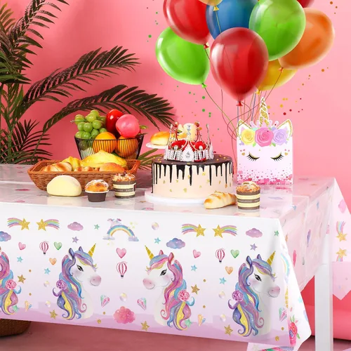 Miniatura 5 de Tiamon 1 mantel de unicornio desechable de unicornio, manteles rectangulares de plástico más grandes para baby shower, suministros de fiesta