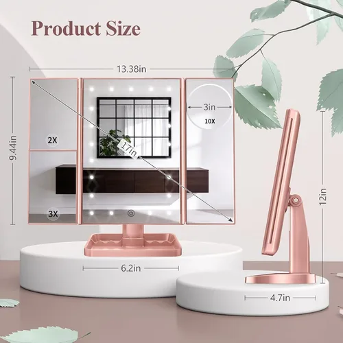 Miniatura 7 de HUONUL - Espejo de maquillaje para tocador con luces, aumento de 2X, 3X y 10X, control táctil, espejo triple, fuente de alimentación doble, regalos