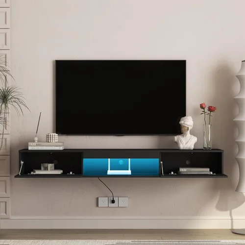 KEIKI Soporte de TV flotante montado en la pared para televisores de 55 a 65 pulgadas, moderno centro de entretenimiento con luces LED y toma de