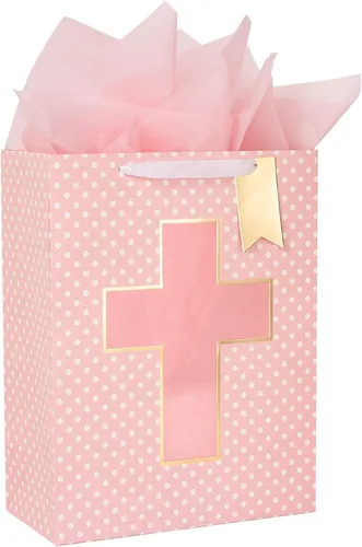 Miniatura 16 de Loveinside Bolsa de regalo azul, bolsa de regalo con diseño de cruz religiosa y puntos con papel de seda, etiqueta para bautismos de bebé, baby