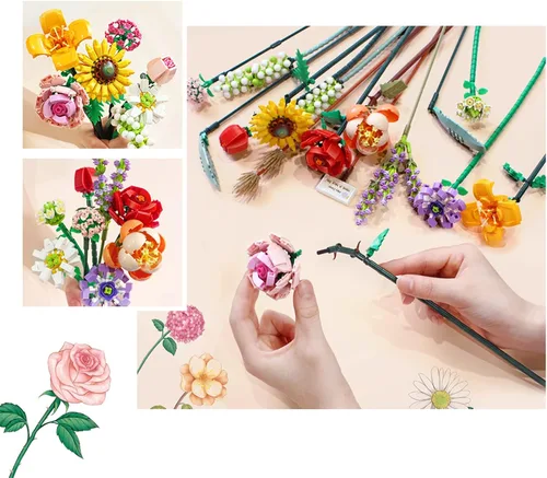 Miniatura 3 de MEIEST Mini bloques de construcción, ramo de flores, conjunto de modelo de plantas, flores artificiales creativas de bricolaje, colección botánica