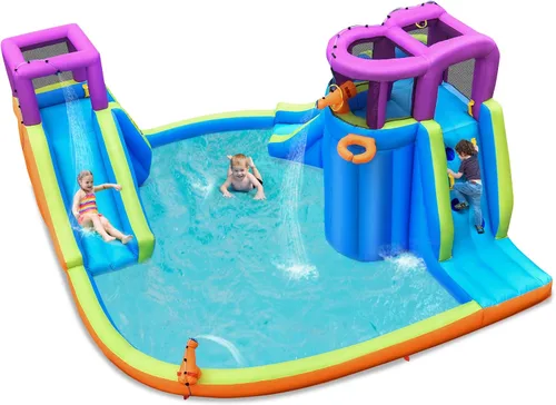 Miniatura 10 de BOUNTECH Parque acuático inflable de 15 x 14.5 pies, Mega tobogán acuático para niños al aire libre con toboganes dobles y escalada para diversión