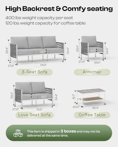 Miniatura 7 de Juego de muebles de aluminio para patio al aire libre con mesa de centro de doble capa, juegos de conversación de patio modernos de 4 piezas