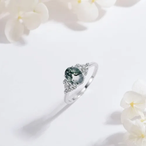 Miniatura 4 de MUUYON Anillo de compromiso de ágata musgo natural para mujer, oro real sólido de 14 quilates, ágata musgo, anillo de compromiso de novia con ágata