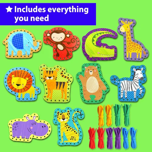 Miniatura 2 de KRAFUN Safari Animal Kit de cordones para artes y manualidades preescolares, 10 tarjetas fáciles de atar para niños pequeños con habilidades motoras