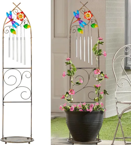 Enrejado de jardín con soportes para plantas, enrejado de metal desmontable de 48 pulgadas para maceta con libélula y campanillas de viento para