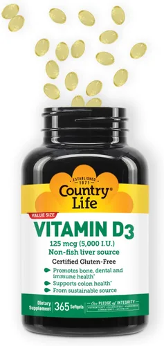 Miniatura 6 de Country Life Vitamina D3 5000 UI – Alta potencia, fuente no pesquera, apoya la salud ósea, la función inmune y la absorción de calcio – 365 cápsulas