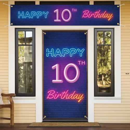 Decoración colorida para puerta de cumpleaños número 10 de neón y letrero grande para patio, decoración colorida de fiesta de cumpleaños de 10 años