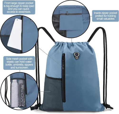 Miniatura 5 de Mochila con cordón, con estilo deportivo, bolsa de gimnasio para mujeres, hombres y niños, bolsa de gran tamaño con zíper y bolsillos de malla