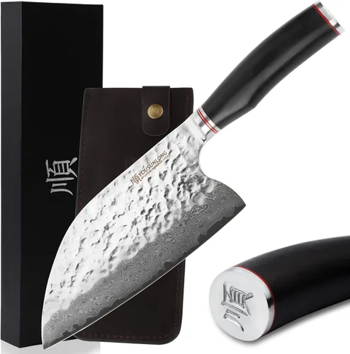 Miniatura 7 de YOUSUNLONG Cuchilla híbrida resistente para carne al aire libre, 8 pulgadas, Damasco martillado natural de madera de nogal con cuero Nuez
