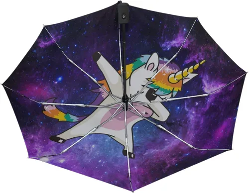 Miniatura 2 de Wamika Divertido paraguas de unicornio con diseño de galaxia y nebulosa, cierre automático, diseño de estrellas arcoíris, compacto, resistente al