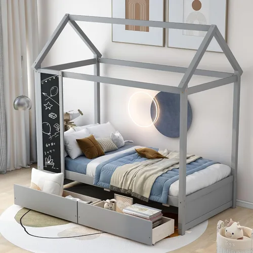 Miniatura 23 de Cama de madera de tamaño individual con dos cajones y techo, cama de plataforma con 2 cabeceros, para dormitorio de niños, adolescentes, niñas