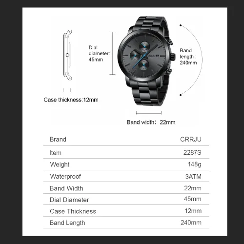 Miniatura 9 de CRRJU Relojes para hombres de lujo de acero inoxidable impermeable calendario cronógrafo analógico cuarzo relojes de pulsera