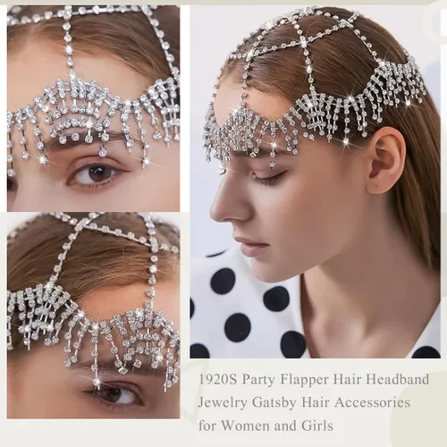 Miniatura 4 de NAISKA Diadema de malla con diamantes de imitación de los años 20, con borla plateada, cadena de cabeza de cristal, tocados de novia, vintage