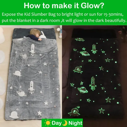 Miniatura 3 de Saco de dormir para niños y niñas que brilla en la oscuridad, saco de dormir luminoso y suave, tapete para siesta preescolar, guardería, jardín