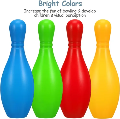 Miniatura 9 de Kisangel Mini juego de bolos para niños, 10 pines coloridos, 2 bolas, botellas de 4.33 pulgadas de alto, juego educativo de bolos para interiores
