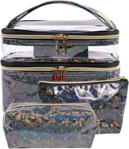 FITINI 3 piezas de bolsas de maquillaje de doble capa, organizador de grandes estuches de cosméticos de viaje, bolsas de aseo impermeables, pequeña