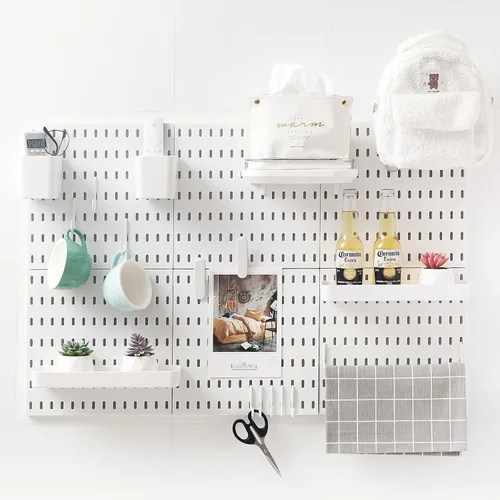 Kit de combinación de tablero de clavijas con estante y ganchos, sin perforaciones, para garaje, cocina, sala de estar, baño, oficina, organizador