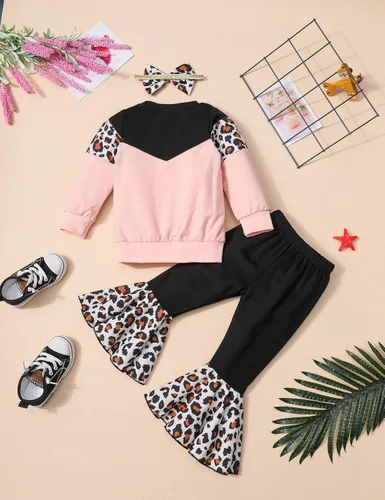 Miniatura 5 de Queenstyle Sudadera de bloque de color para niña pequeña + pantalones de campana + diadema para otoño e invierno