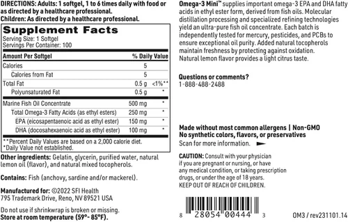 Miniatura 5 de Klaire Labs SFI Health Omega-3 Mini - Geles de aceite de pescado ultra puro y fácil de tragar para niños y adultos, 150 miligramos EPA / 100