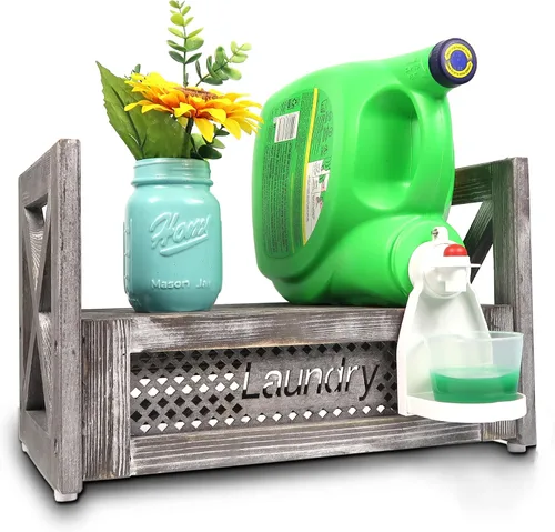 Miniatura 2 de Soporte de madera para detergente para ropa – Estante rústico de lavandería para dos botellas de detergente, almacenamiento y decoración