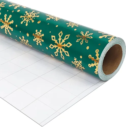 LDGOOAEL Mini rollo de papel de regalo de Navidad pequeño y corto (17 pulgadas x 32.8 pies), copos de nieve dorados sobre verde
