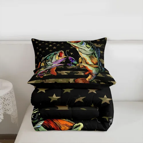 Miniatura 7 de Erosebridal Ropa de cama individual de pesca con bandera estadounidense, edredón de camuflaje para niños y niñas, decoración de caza, relleno