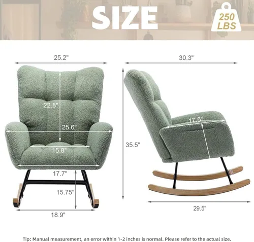 Mecedora de cuarto de bebé con asiento deslizante tapizado en estilo oso de peluche, con respaldo alto, sillón acento con cómodo bolsillo lateral,