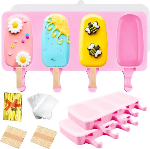 3 moldes de silicona grandes para paletas con tapas, 4 cavidades, moldes ovalados para barra de helado, moldes de silicona con 100 palos de madera,