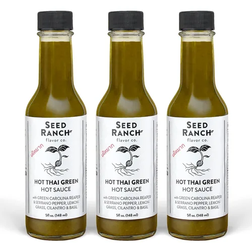 Seed Ranch - Salsa tailandesa caliente, paquete de 3 – picante – Pimienta verde Carolina Reaper, salsa picante gourmet orgánica – Vegana, sin OMG,