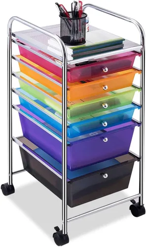 Miniatura 8 de Happygrill Carrito organizador de 6 cajones, carrito de almacenamiento móvil con cajones extraíbles y ruedas con cerradura, carrito de Transparente