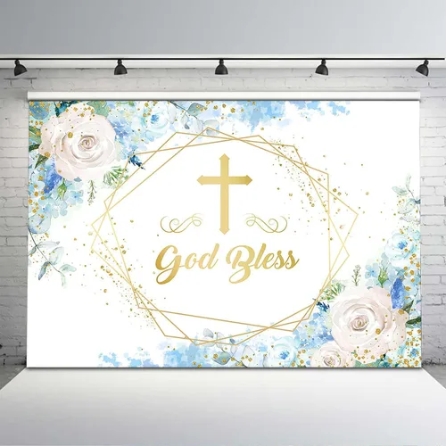 Avezano Telón de fondo azul con texto en inglés "Boy God Bles", fondo floral azul para baby shower, para primera comunión, decoración de baby shower