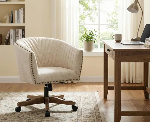 Miniatura 4 de Silla de escritorio de piel sintética beige, silla de escritorio tapizada giratoria con brazo ajustable con cabezas de clavos, cómoda silla