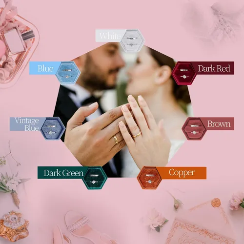 Miniatura 7 de Smileshe Caja para anillos, cajas de joyería de terciopelo para propuesta, compromiso, ceremonia de boda, caja hexagonal con ranura de doble anillo