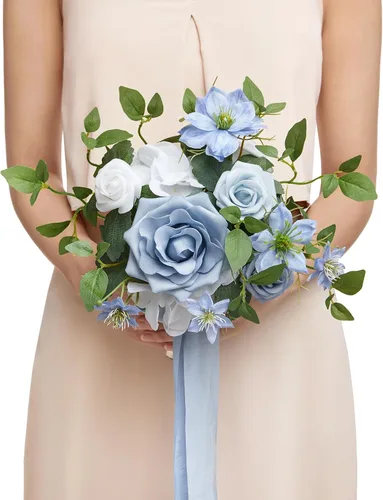 Miniatura 51 de Ling's moment Ramos de flores artificiales de rosas y azules polvorientas para damas de honor, ramo floral azul marino, ramos de dama de honor