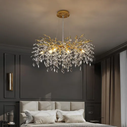 Miniatura 12 de Candelabro de Cristal Rama de Árbol Dorado Gota de Lluvia Redonda Lámpara Colgante con Borla Luminaria de Techo Colgante para Dormitorio Sala