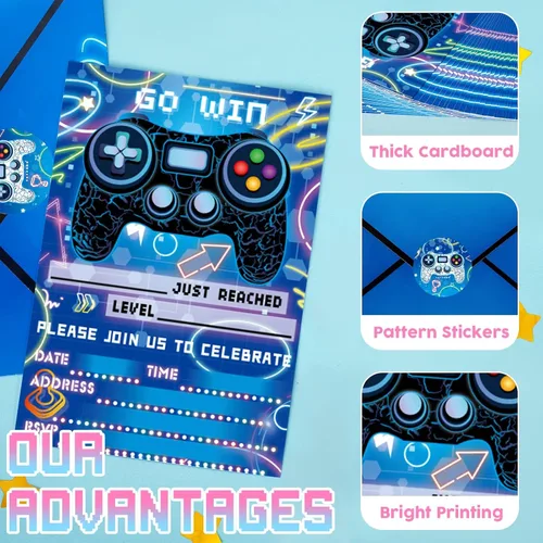 Miniatura 3 de WERNNSAI Invitación para Fiesta de Videojuego - Juego de 24 Tarjetas de Cumpleaños de Juego Azules para Llenar con Sobres y Adhesivo para Niños