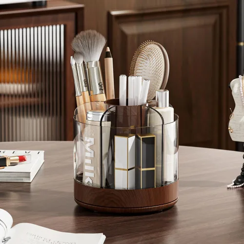 Miniatura 2 de Soporte para brochas de maquillaje giratorio de 360° con 6 ranuras de almacenamiento de múltiples compartimentos, organizador giratorio acrílico