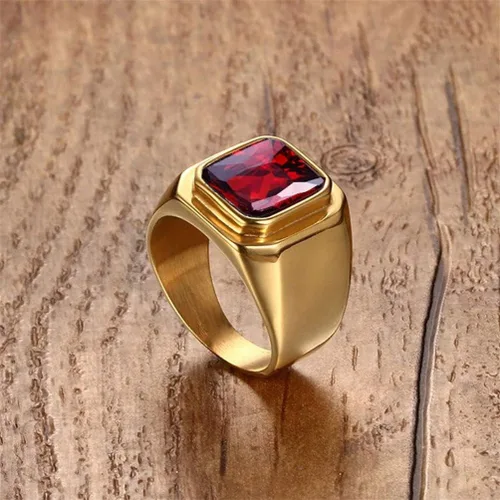 Miniatura 4 de PMTIER - Anillo de acero inoxidable chapado en oro con piedra cuadrada disponible en varios
