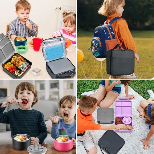 Miniatura 7 de Lonchera Bento con termo de sopa de 8 onzas, a prueba de fugas, 4 compartimentos, para niños, con taza de salsa y bolsa de hielo, tarro de comida