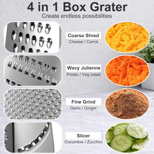 Miniatura 3 de Ourokhome Rallador de queso, rallador de caja de mano con recipiente y tapa, acero inoxidable de 4 lados para cocina, juliena ondulada, rebanadora
